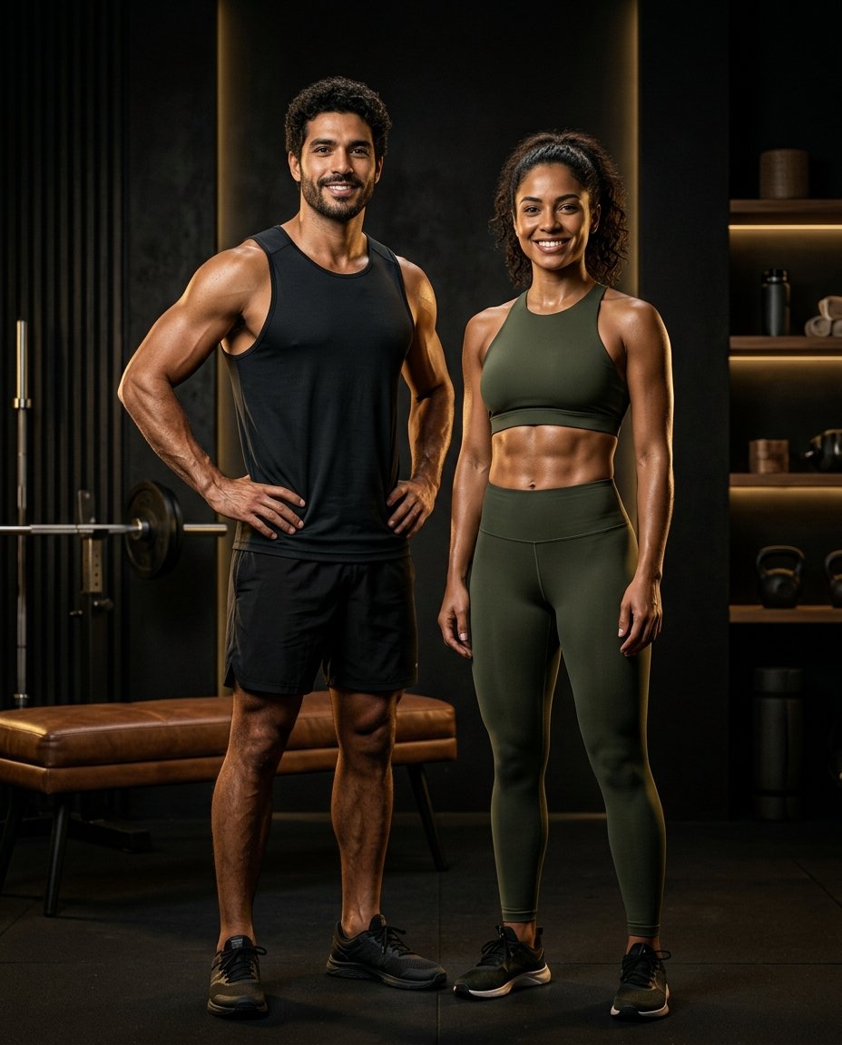 Homem e mulher em cena fitness premium representando rotina prática e transformação corporal.